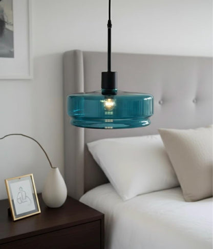 Teal Glass Pendant Light – Artisan Blown Glass Hanging Fixture  – Les Trois Pyramides.