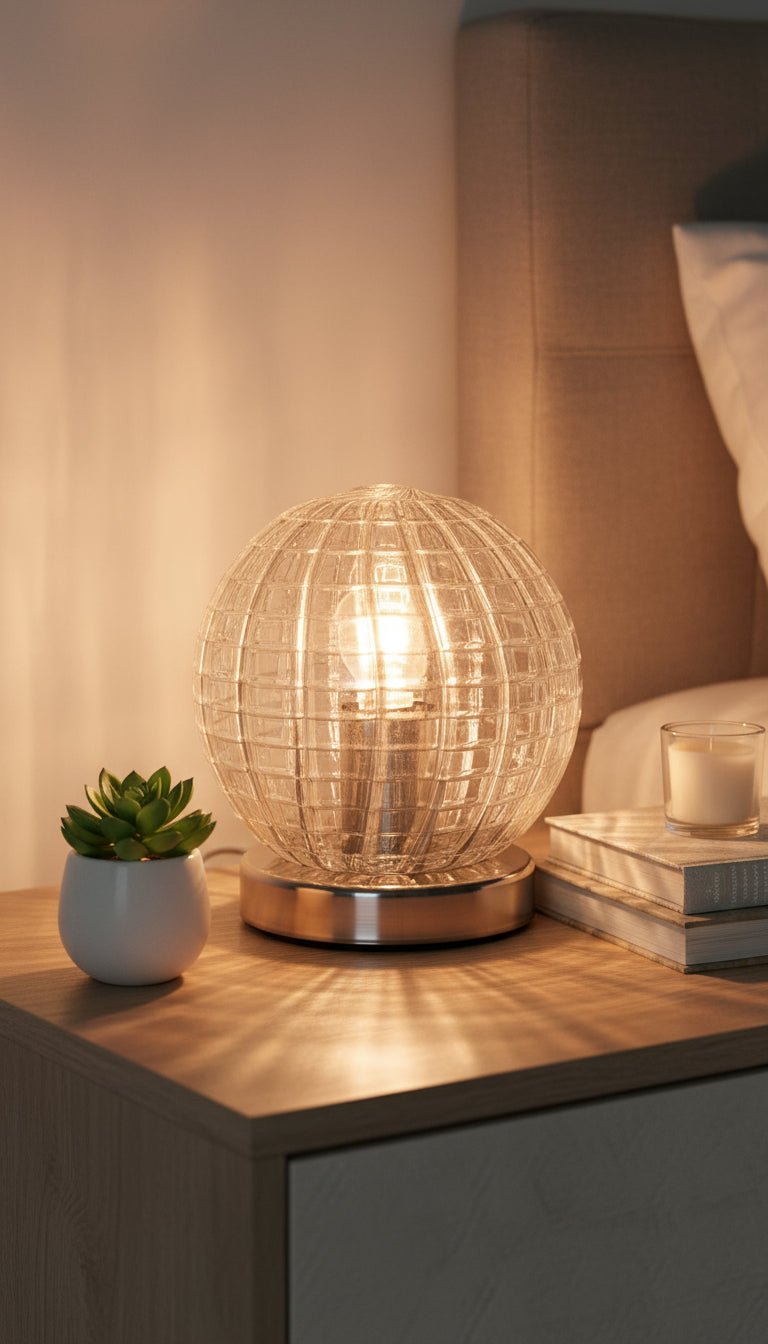 Decorative table lamp on a nightstand with a soft light, surrounded by books and a small plant | Les Trois Pyramides