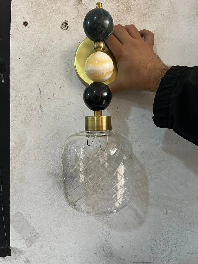 Textured Handmade Pink Glass Lamp • Artistic Stone Sphere Wall Sconce | Les Trois Pyramides