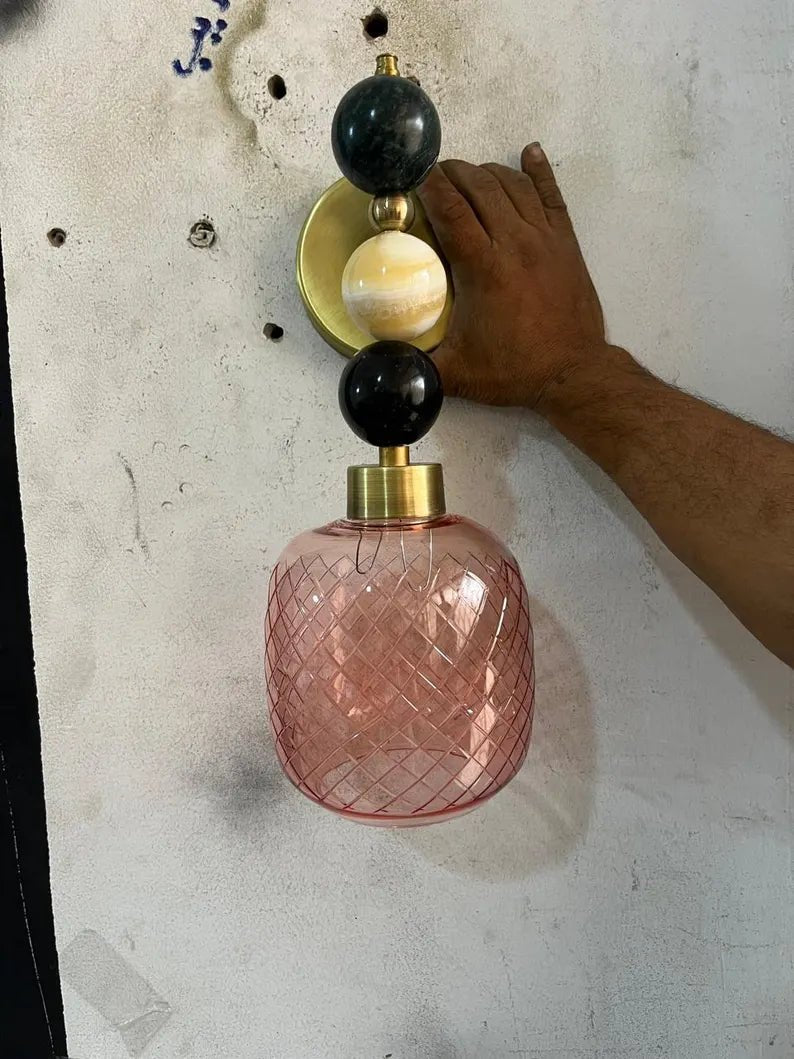 Textured Handmade Pink Glass Lamp • Artistic Stone Sphere Wall Sconce | Les Trois Pyramides