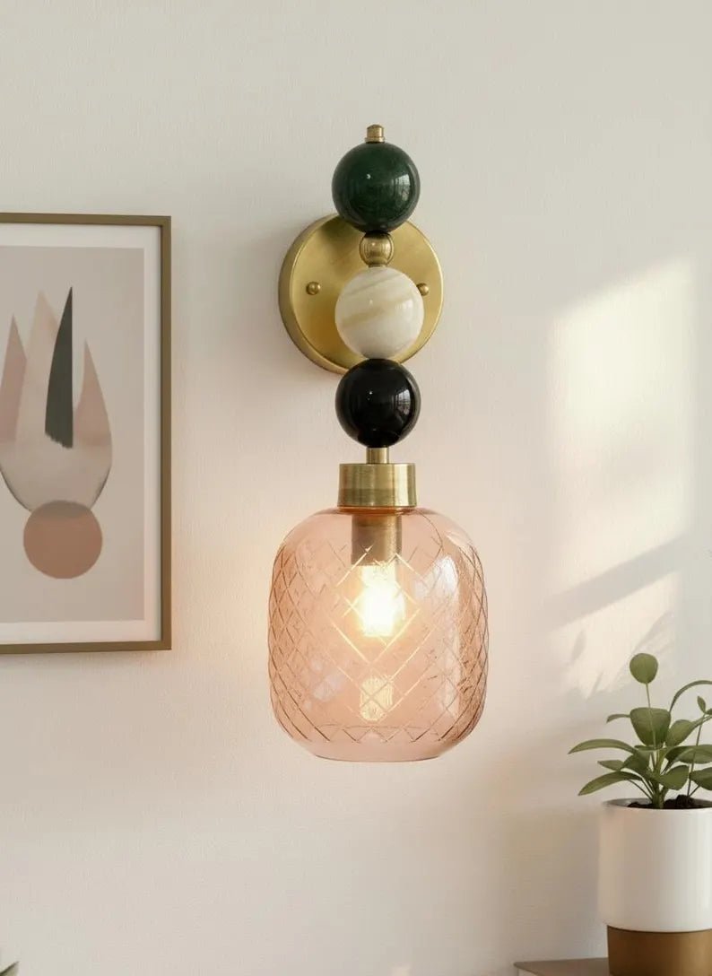 Textured Handmade Pink Glass Lamp • Artistic Stone Sphere Wall Sconce | Les Trois Pyramides