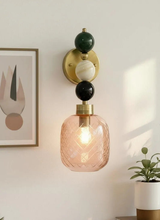 Textured Handmade Pink Glass Lamp • Artistic Stone Sphere Wall Sconce | Les Trois Pyramides