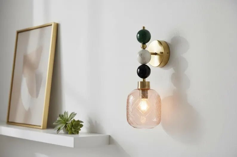 Textured Handmade Pink Glass Lamp • Artistic Stone Sphere Wall Sconce | Les Trois Pyramides