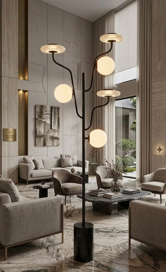 Modern Floor Lamp Marble Base, Frosted Glass Globe Lamp, Multi Arm Standing Light, Living Room Statement Lighting, Handmade Floor Light | Les Trois Pyramides