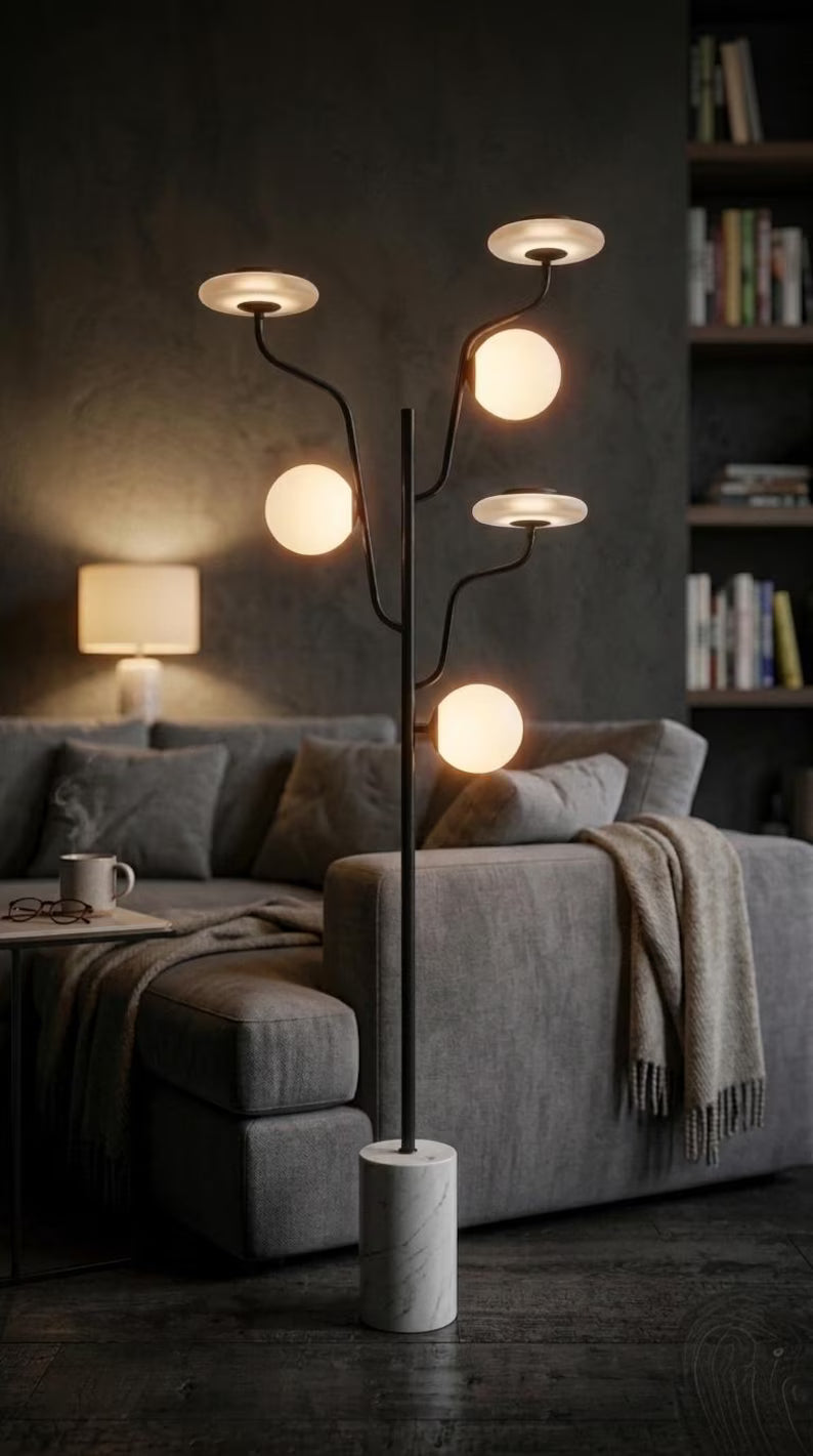 Modern Floor Lamp Marble Base, Frosted Glass Globe Lamp, Multi Arm Standing Light, Living Room Statement Lighting, Handmade Floor Light | Les Trois Pyramides