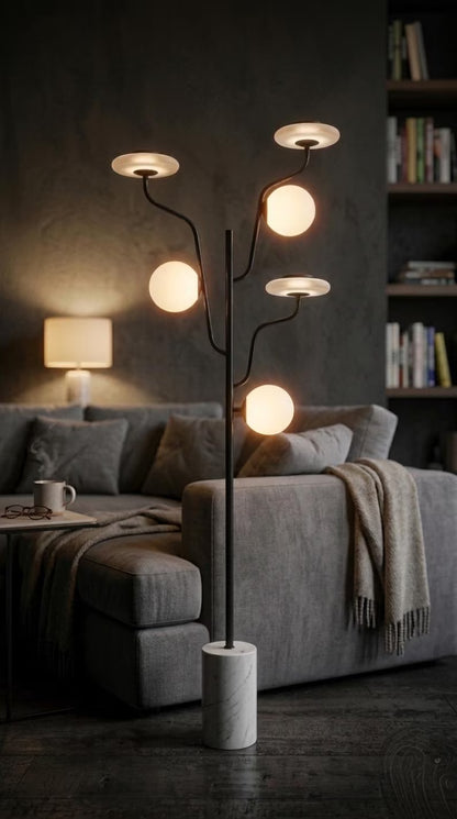 Modern Floor Lamp Marble Base, Frosted Glass Globe Lamp, Multi Arm Standing Light, Living Room Statement Lighting, Handmade Floor Light | Les Trois Pyramides