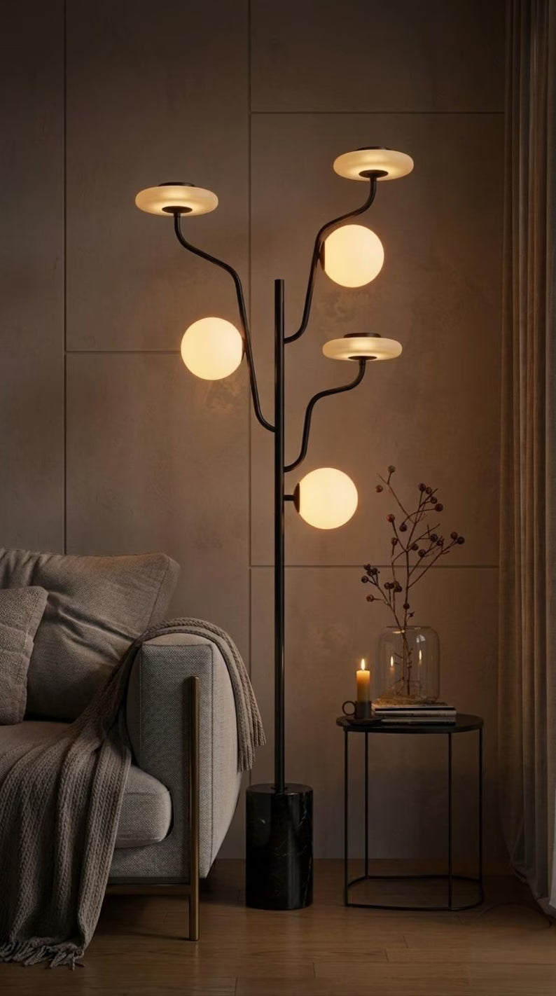 Modern Floor Lamp Marble Base, Frosted Glass Globe Lamp, Multi Arm Standing Light, Living Room Statement Lighting, Handmade Floor Light | Les Trois Pyramides