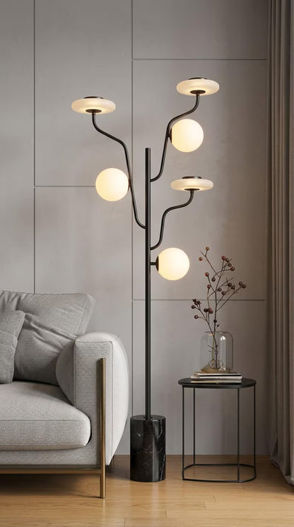 Modern Floor Lamp Marble Base, Frosted Glass Globe Lamp, Multi Arm Standing Light, Living Room Statement Lighting, Handmade Floor Light | Les Trois Pyramides