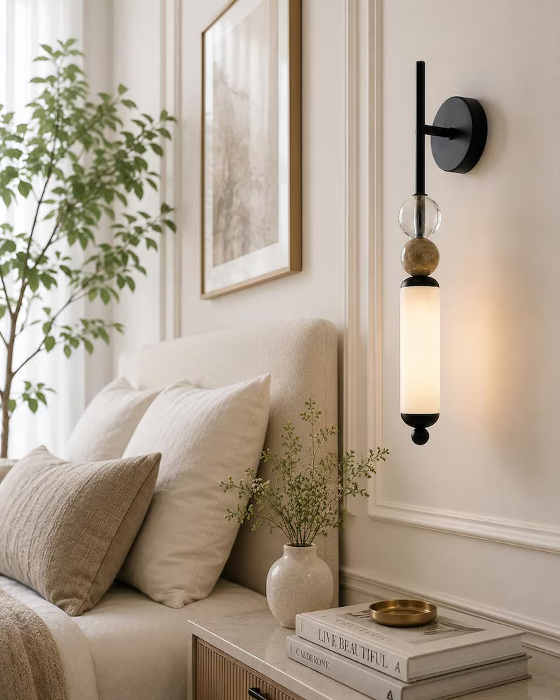 Modern Brass Frosted Globe Tube Wall Sconce - Bedside Bathroom - Vanity Light Fixture | Les Trois Pyramides