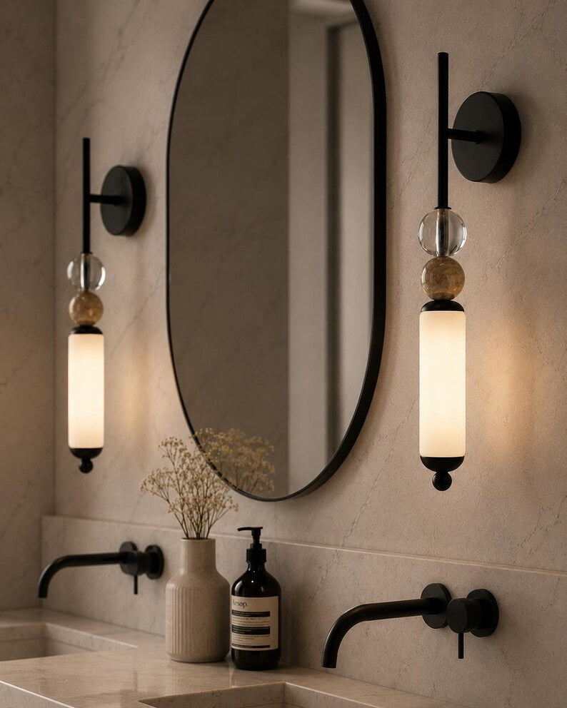 Modern Brass Frosted Globe Tube Wall Sconce - Bedside Bathroom - Vanity Light Fixture | Les Trois Pyramides