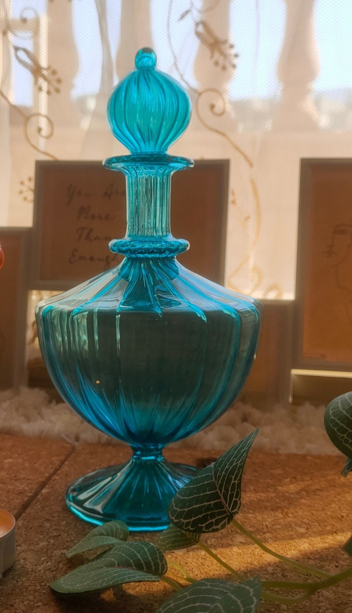 Turquoise Elegant Glass Decanter bottle | Les Trois Pyramides 