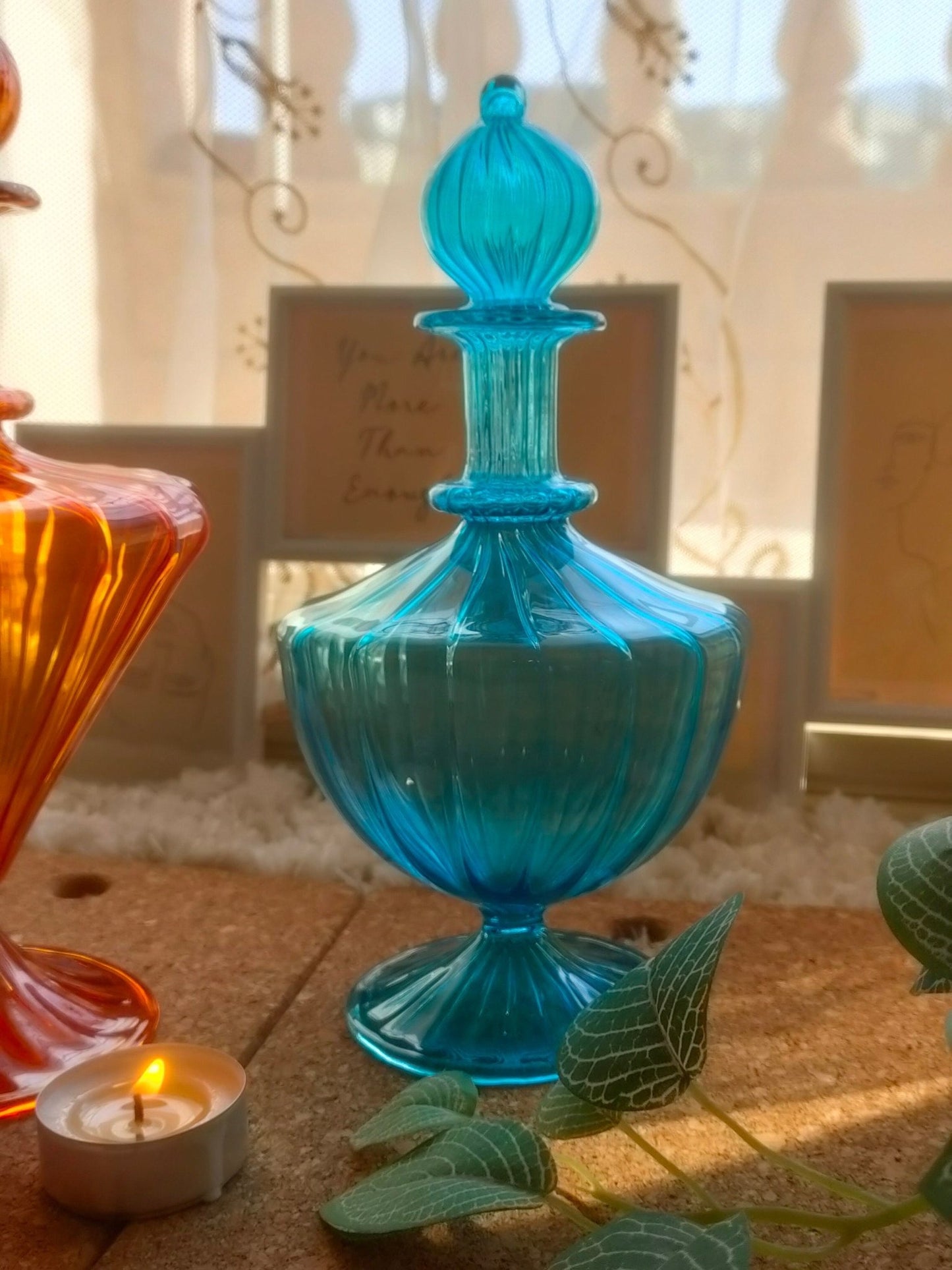 Turquoise Elegant Glass Decanter bottle | Les Trois Pyramides 