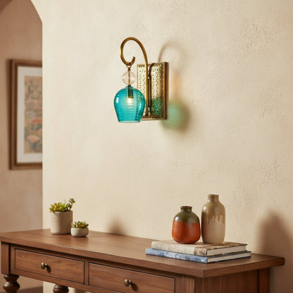 Turquoise Glass & Brass Wall Sconce – Handmade Artistic Light Fixture