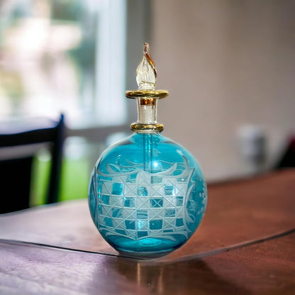 Turquoise Engraved Perfume Bottle with 14K Gold | Les Trois Pyramides