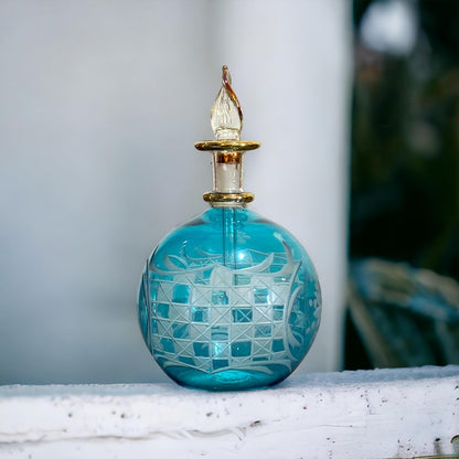 Turquoise Engraved Perfume Bottle with 14K Gold | Les Trois Pyramides