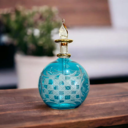 Turquoise Engraved Perfume Bottle with 14K Gold | Les Trois Pyramides