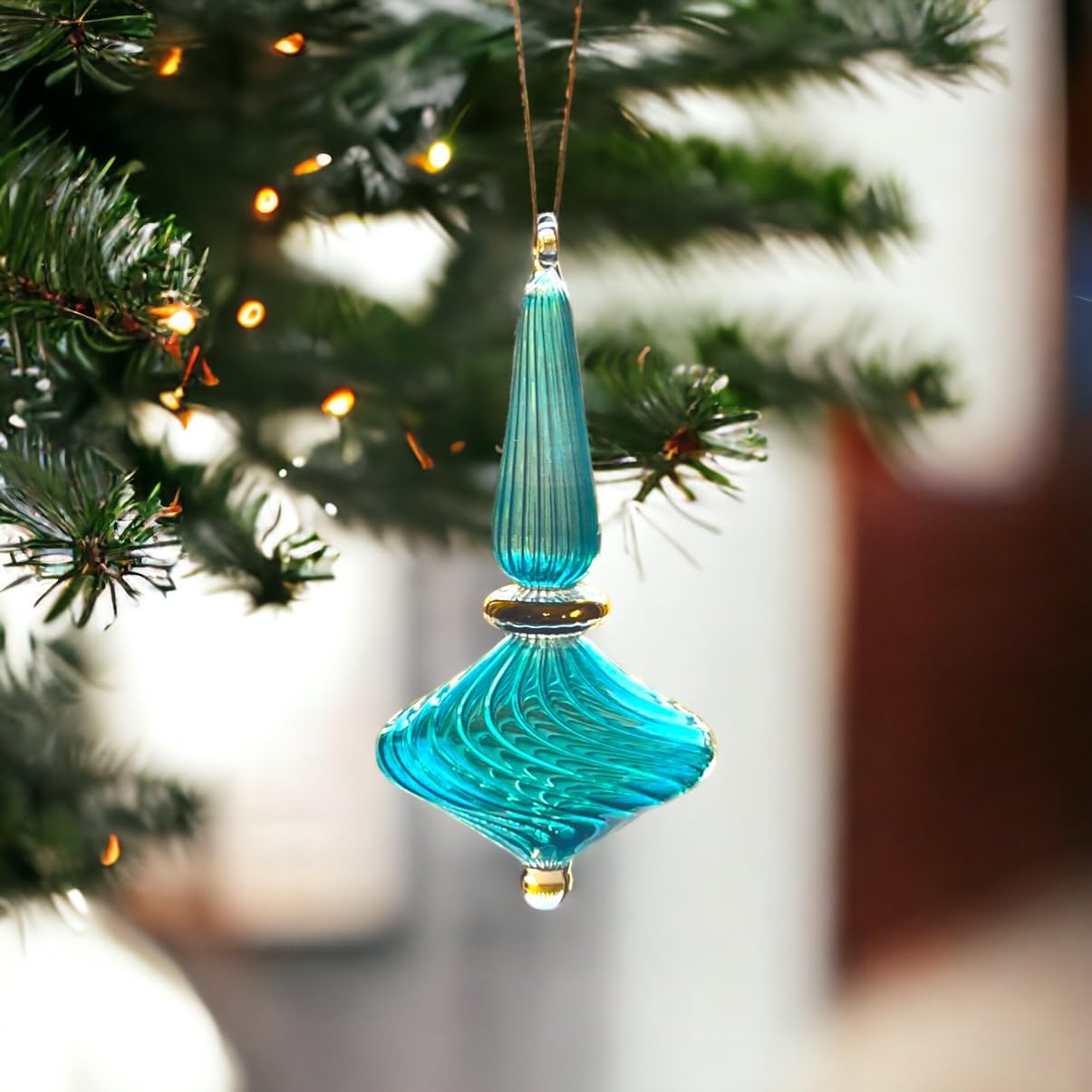 Turquoise Ribbed Tree Topper Ornament for Christmas Tree Decorations | Xmas Holiday Handmade Gift | Handblown Hand Painted Egyptian Ornament - Les Trois Pyramides