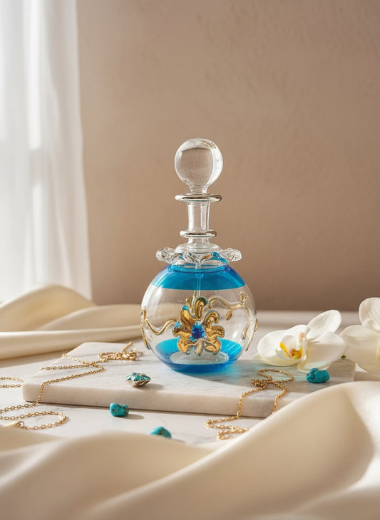 Turquoise Blown Glass perfume Bottle with 14K Gold | Les Trois Pyramides