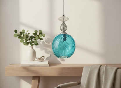 Turquoise Swirl Glass Pendant Light with Clear Top Accent