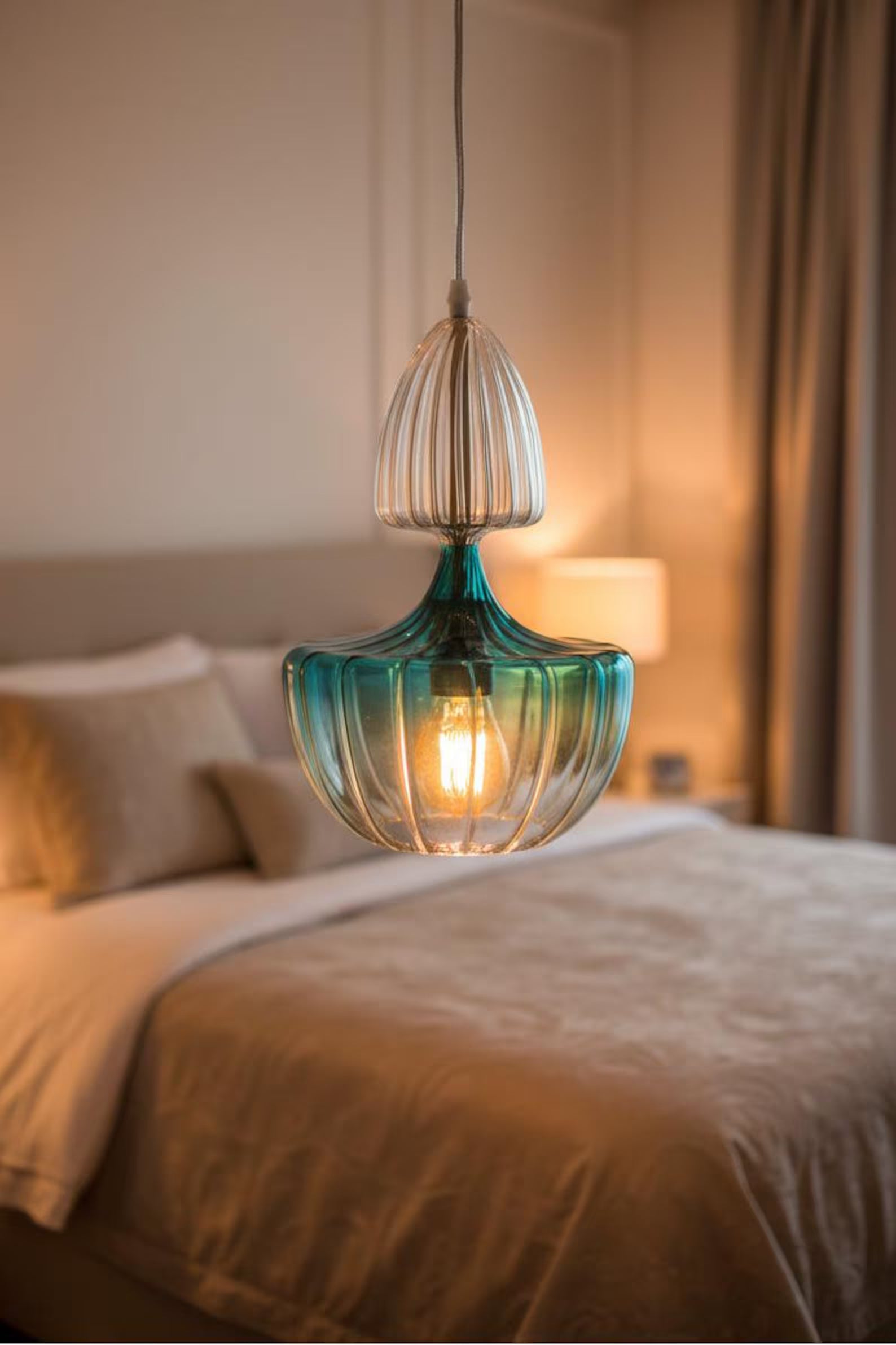 Turquoise Blown Glass Pendant Light | Modern Hanging Lamp | Les Trois Pyramides.