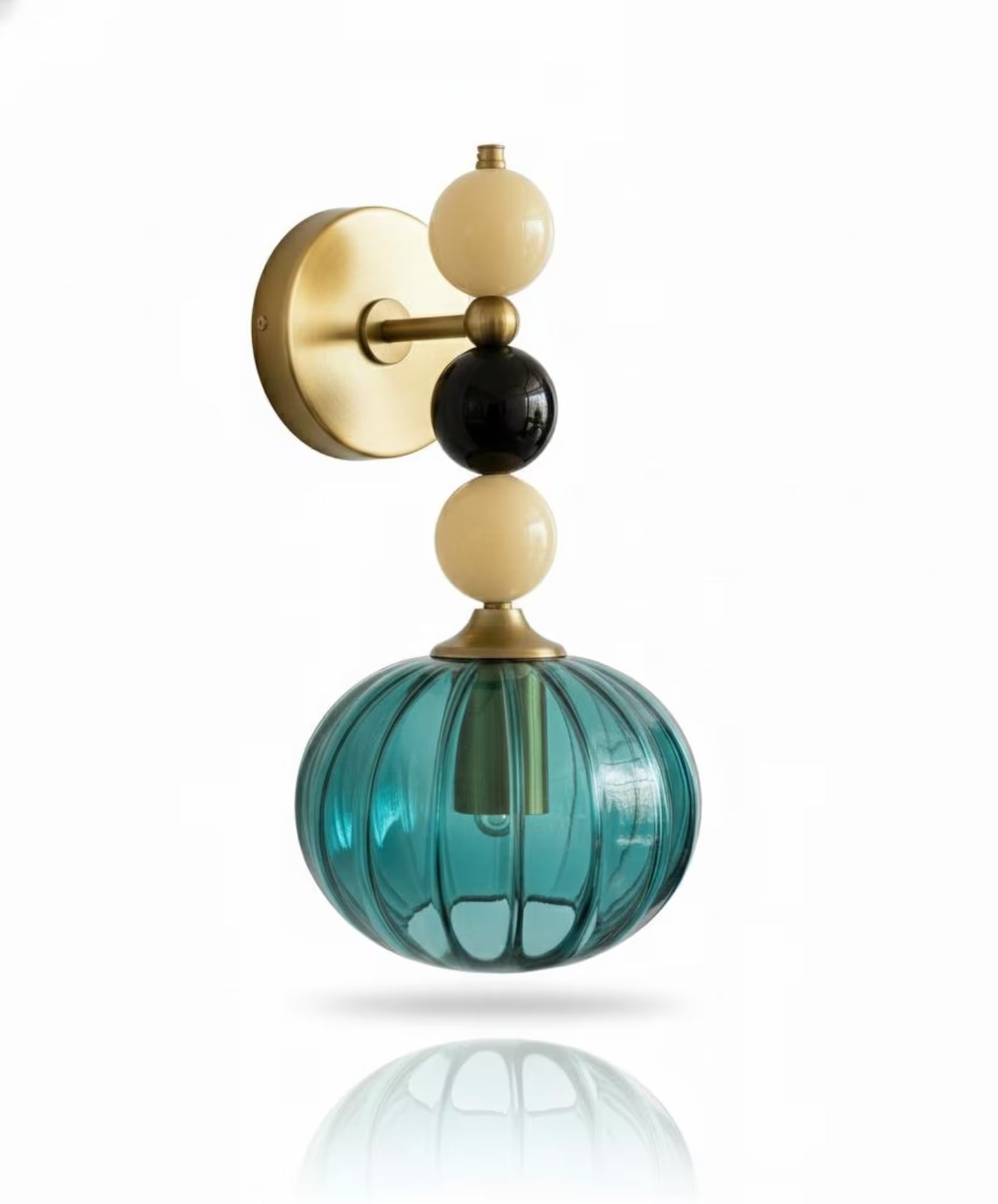 Handmade Ribbed Turquoise Glass Wall Sconce with Natural Marble Stones – Brass Mount Light | Les Trois Pyramides. 