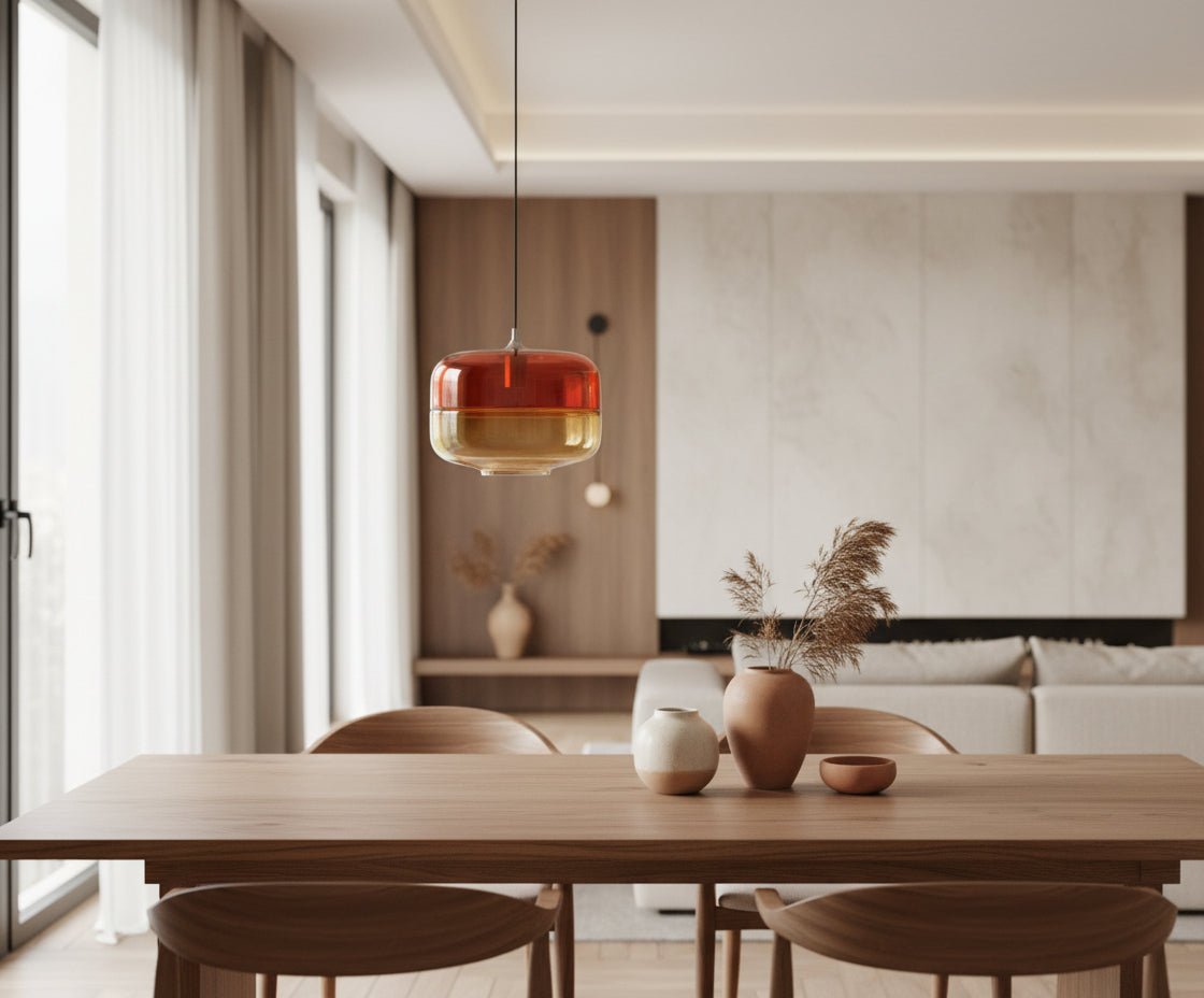 Two-Tone Red & Amber Hand-Blown Glass Pendant Light