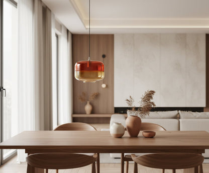 Two-Tone Red & Amber Hand-Blown Glass Pendant Light