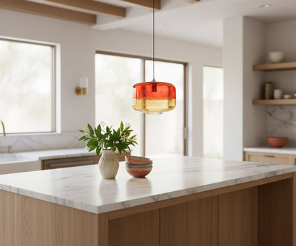 Two-Tone Red & Amber Hand-Blown Glass Pendant Light