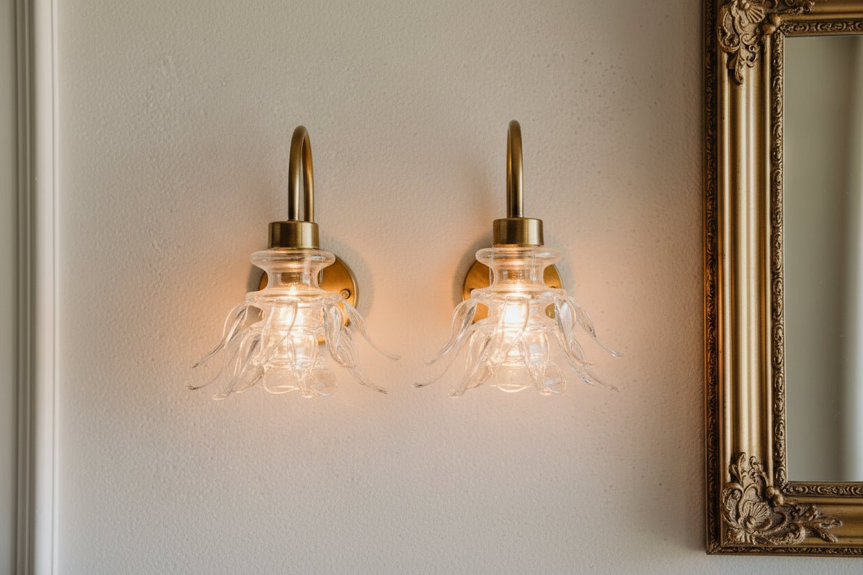 Hand-blown clear glass upside down bloom wall light with brass arm installed as a pair