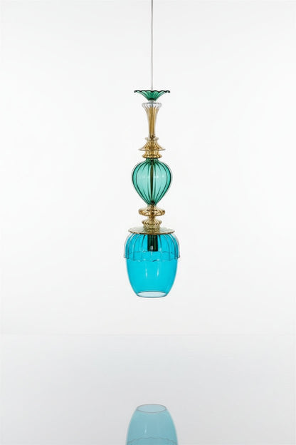 Hand-Blown Aqua & Green Glass Pendant Light – Elegant Art Glass Hanging Lamp with Brass Details