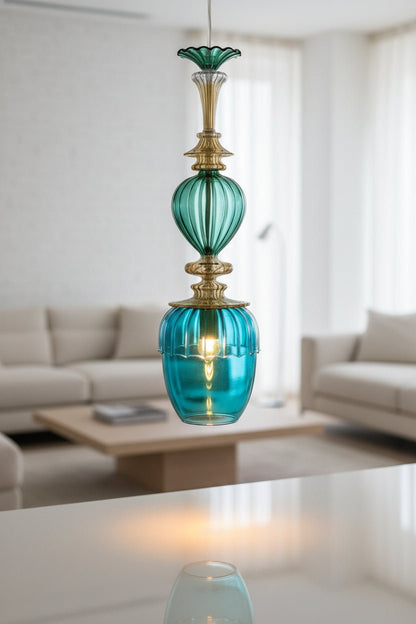 Hand-Blown Aqua & Green Glass Pendant Light – Elegant Art Glass Hanging Lamp with Brass Details