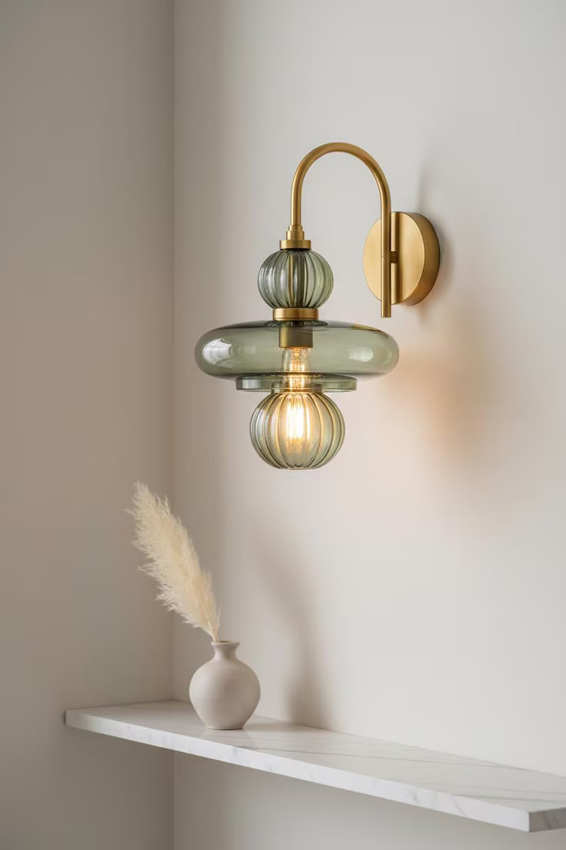 Modern Wall Sconce Glass Light, Handmade Blown Glass Lamp, Brass Wall Lighting, Bedside Light, Bathroom Vanity Sconce | Les Trois Pyramides