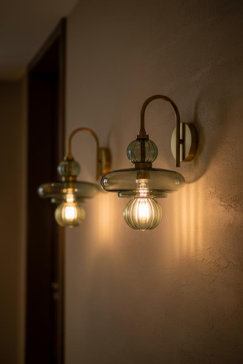 Modern Wall Sconce Glass Light, Handmade Blown Glass Lamp, Brass Wall Lighting, Bedside Light, Bathroom Vanity Sconce | Les Trois Pyramides