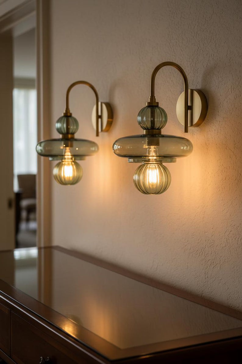 Modern Wall Sconce Glass Light, Handmade Blown Glass Lamp, Brass Wall Lighting, Bedside Light, Bathroom Vanity Sconce | Les Trois Pyramides