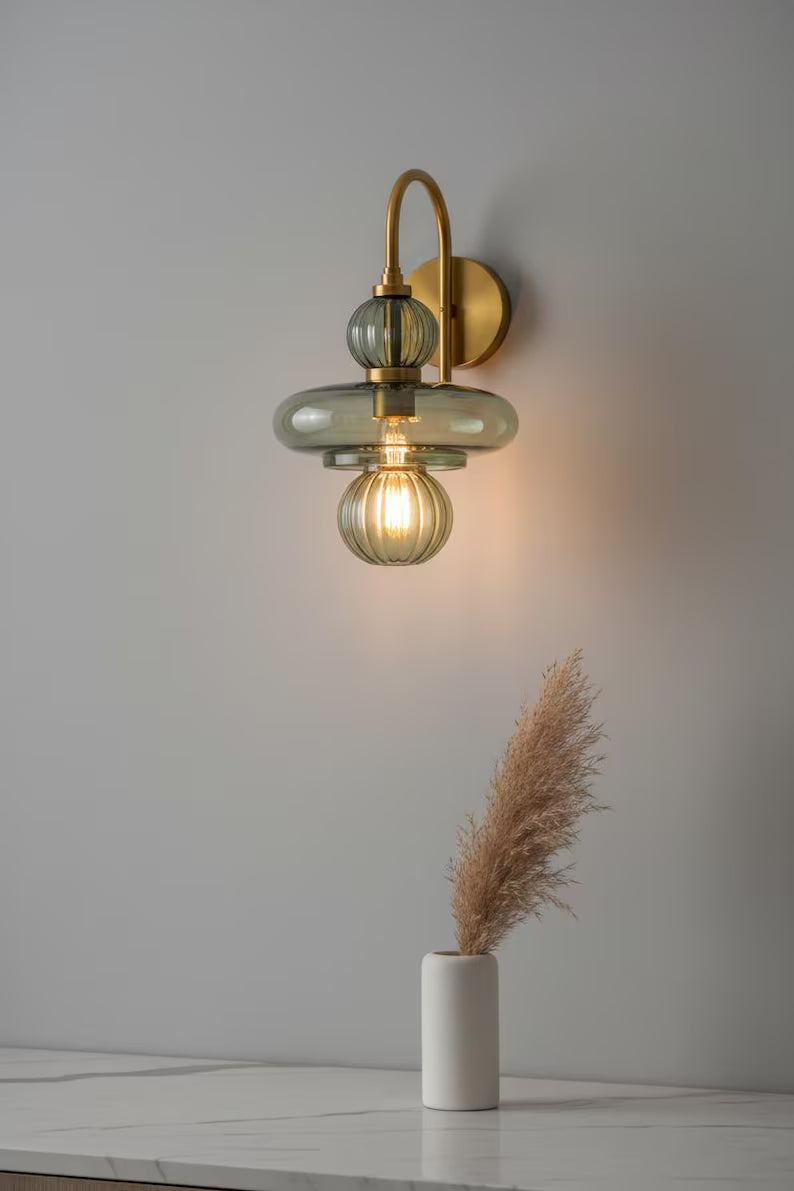 Modern Wall Sconce Glass Light, Handmade Blown Glass Lamp, Brass Wall Lighting, Bedside Light, Bathroom Vanity Sconce | Les Trois Pyramides