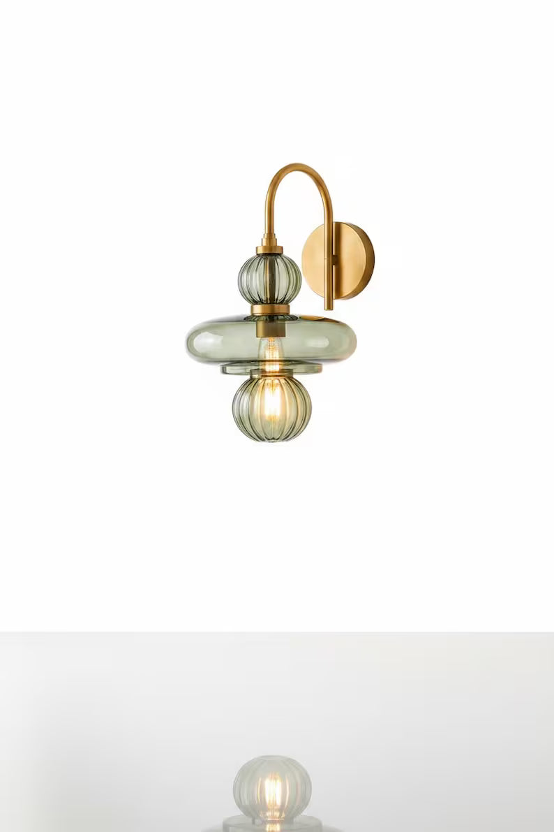 Modern Wall Sconce Glass Light, Handmade Blown Glass Lamp, Brass Wall Lighting, Bedside Light, Bathroom Vanity Sconce | Les Trois Pyramides