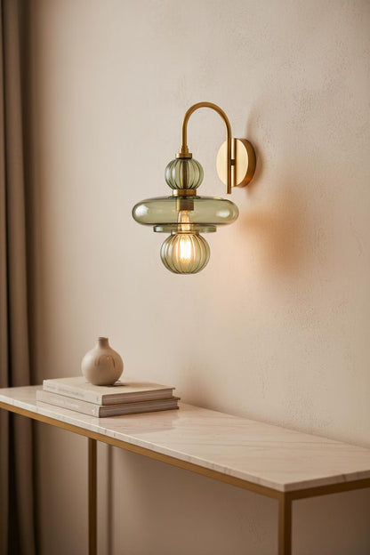 Modern Wall Sconce Glass Light, Handmade Blown Glass Lamp, Brass Wall Lighting, Bedside Light, Bathroom Vanity Sconce | Les Trois Pyramides