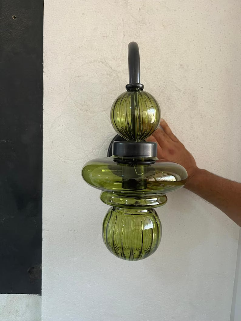 Modern Wall Sconce Glass Light, Handmade Blown Glass Lamp, Brass Wall Lighting, Bedside Light, Bathroom Vanity Sconce | Les Trois Pyramides