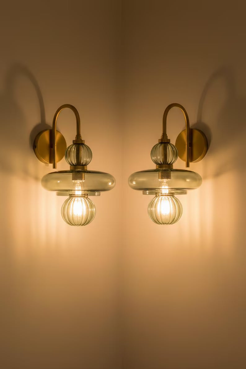 Modern Wall Sconce Glass Light, Handmade Blown Glass Lamp, Brass Wall Lighting, Bedside Light, Bathroom Vanity Sconce | Les Trois Pyramides