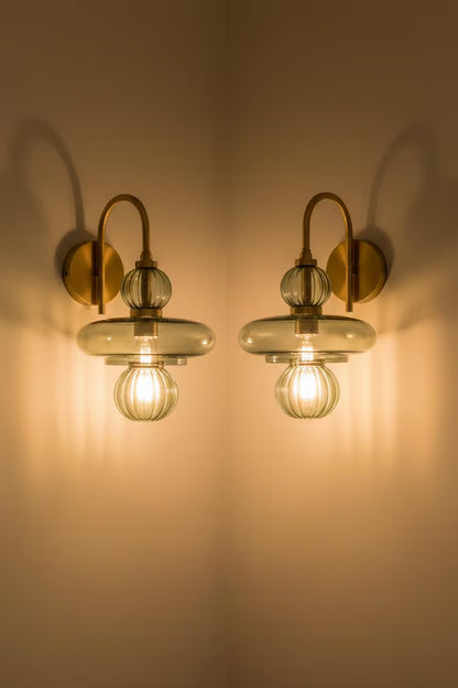 Modern Wall Sconce Glass Light, Handmade Blown Glass Lamp, Brass Wall Lighting, Bedside Light, Bathroom Vanity Sconce | Les Trois Pyramides