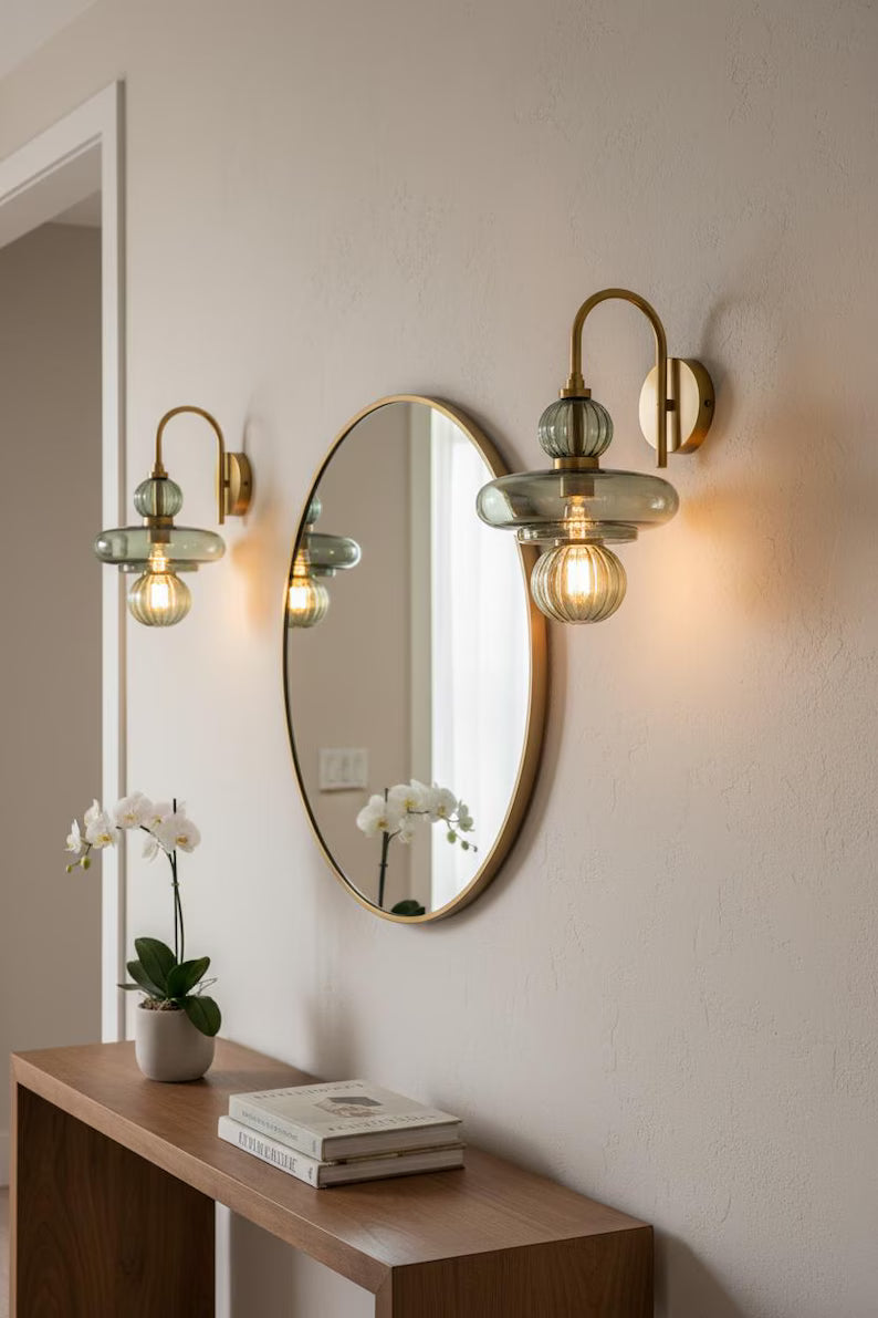 Modern Wall Sconce Glass Light, Handmade Blown Glass Lamp, Brass Wall Lighting, Bedside Light, Bathroom Vanity Sconce | Les Trois Pyramides