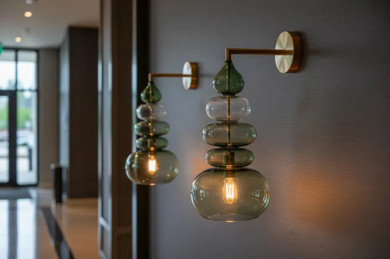 Green Glass Wall Sconce, Modern Brass Wall Light, Murano Style Wall Lamp, Stacked Glass Lighting Fixture, Luxury Restaurant Wall Light | Les Trois Pyramides