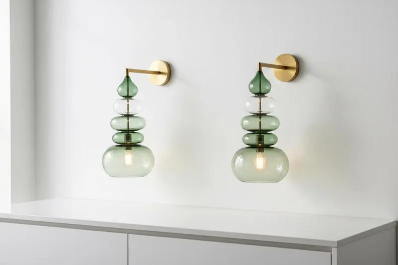 Green Glass Wall Sconce, Modern Brass Wall Light, Murano Style Wall Lamp, Stacked Glass Lighting Fixture, Luxury Restaurant Wall Light | Les Trois Pyramides