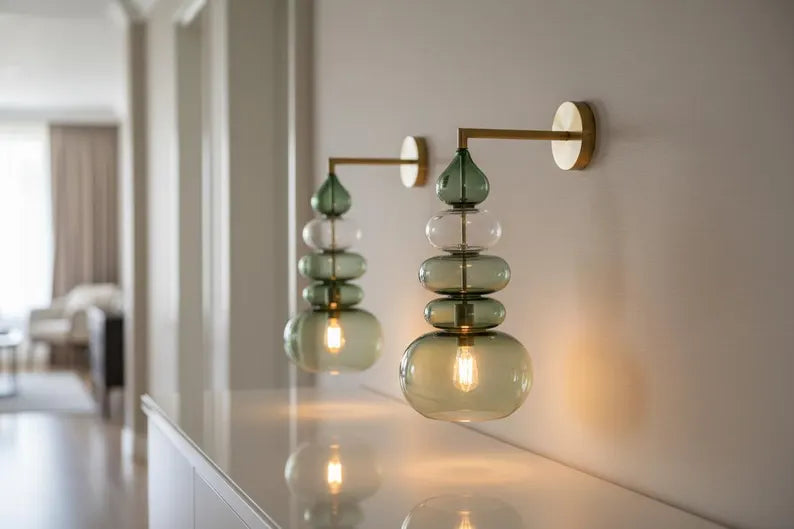 Green Glass Wall Sconce, Modern Brass Wall Light, Murano Style Wall Lamp, Stacked Glass Lighting Fixture, Luxury Restaurant Wall Light | Les Trois Pyramides