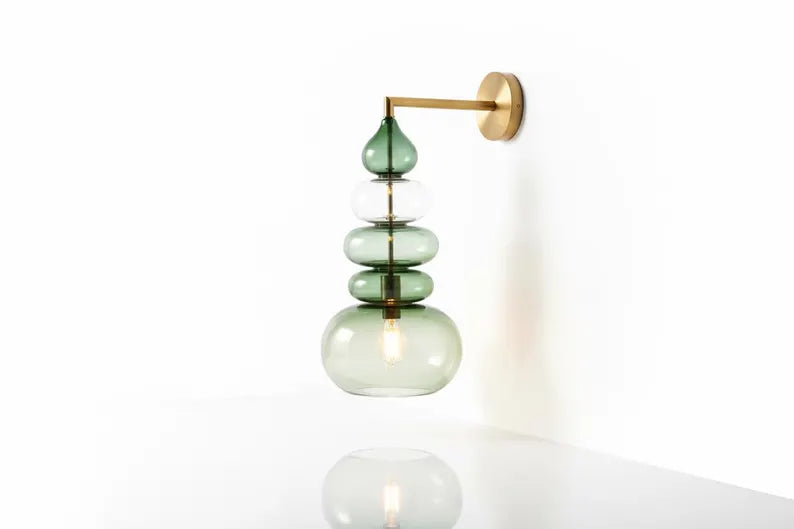 Green Glass Wall Sconce, Modern Brass Wall Light, Murano Style Wall Lamp, Stacked Glass Lighting Fixture, Luxury Restaurant Wall Light | Les Trois Pyramides