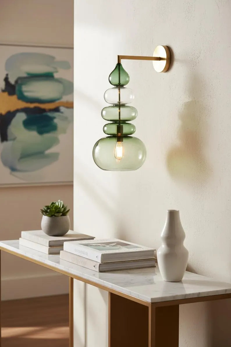 Green Glass Wall Sconce, Modern Brass Wall Light, Murano Style Wall Lamp, Stacked Glass Lighting Fixture, Luxury Restaurant Wall Light | Les Trois Pyramides