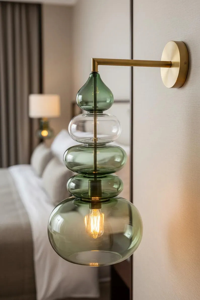 Green Glass Wall Sconce, Modern Brass Wall Light, Murano Style Wall Lamp, Stacked Glass Lighting Fixture, Luxury Restaurant Wall Light | Les Trois Pyramides