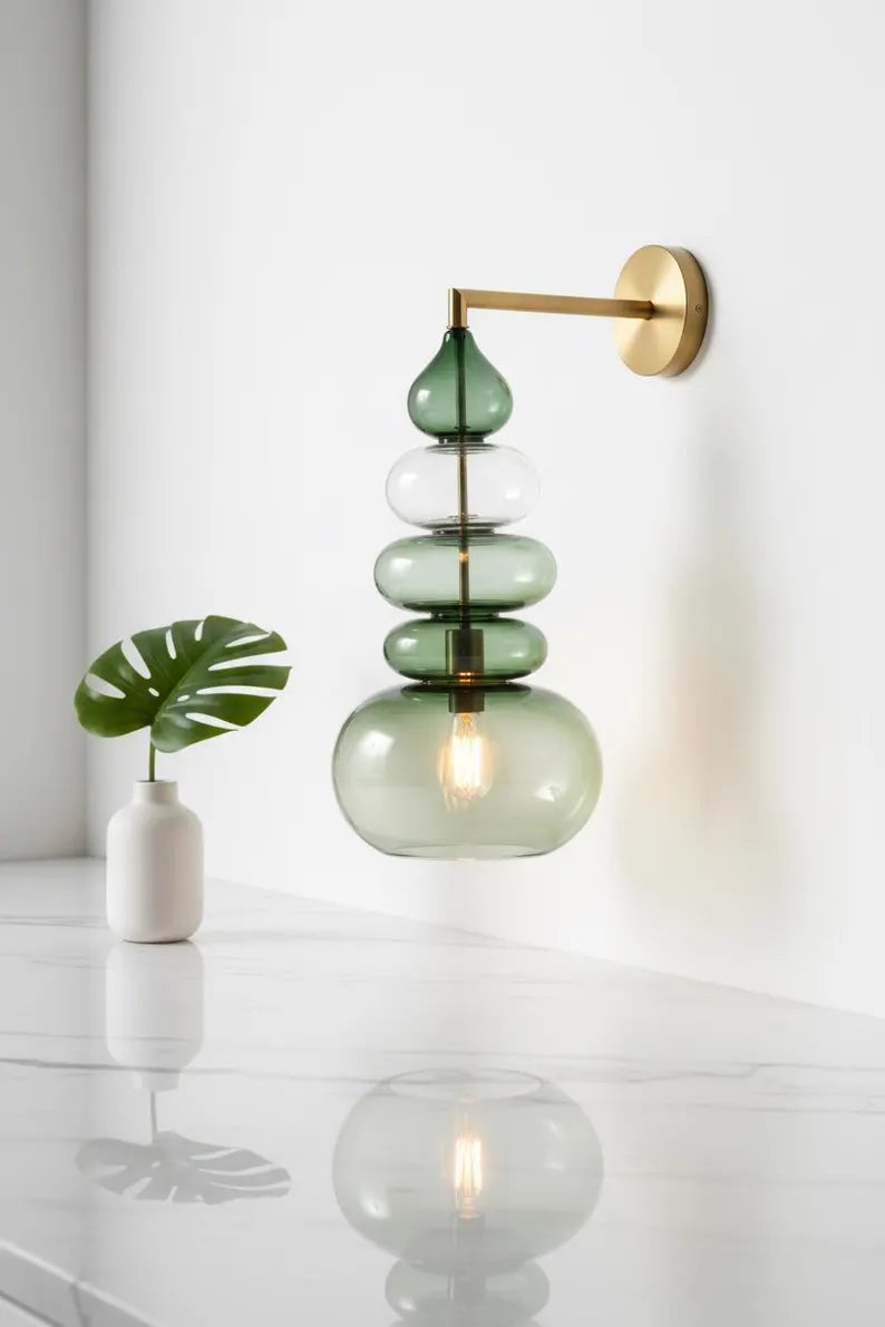 Green Glass Wall Sconce, Modern Brass Wall Light, Murano Style Wall Lamp, Stacked Glass Lighting Fixture, Luxury Restaurant Wall Light | Les Trois Pyramides