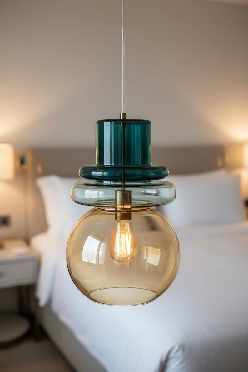 Green Glass Pendant Light – Modern Hanging Lamp for Kitchen Island Lighting, Handmade Glass Ceiling Lamp - restaurant lighting | Les Trois Pyramides