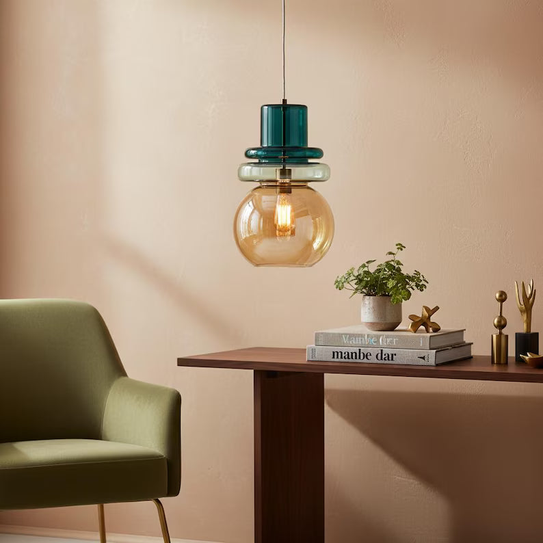 Green Glass Pendant Light – Modern Hanging Lamp for Kitchen Island Lighting, Handmade Glass Ceiling Lamp - restaurant lighting | Les Trois Pyramides